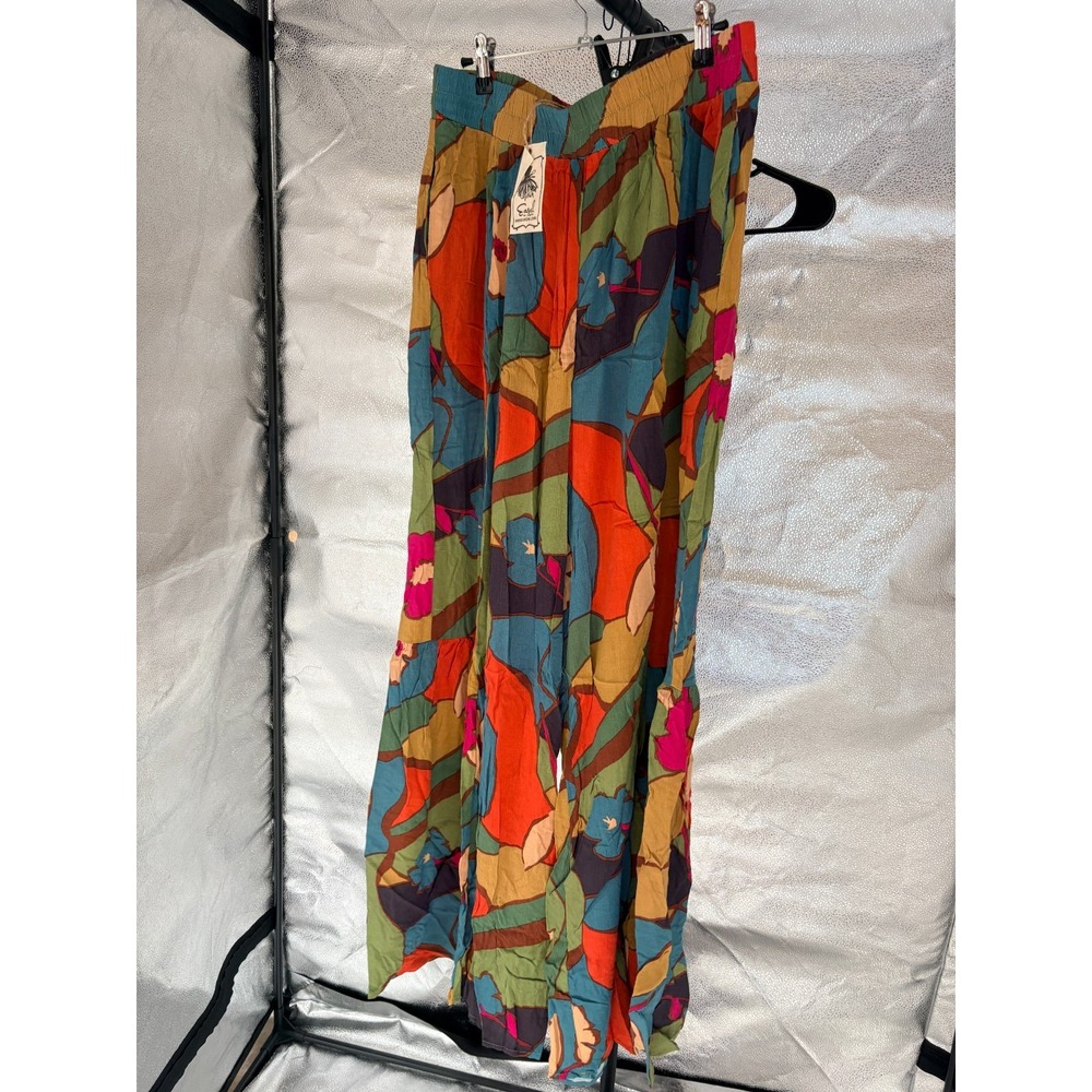 Easel Sage Teal Wide Leg Casual Pants Floral High Rise‎ Pockets S 0073